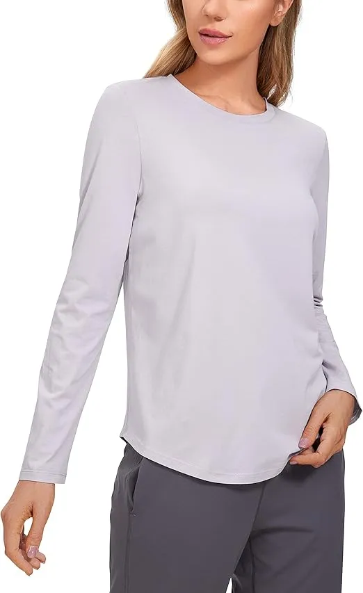 CRZ YOGA Pima Cotton Workout Long Sleeve Shirts for Women Athletic Crewneck Yoga Casual Tops Plain T-Shirt