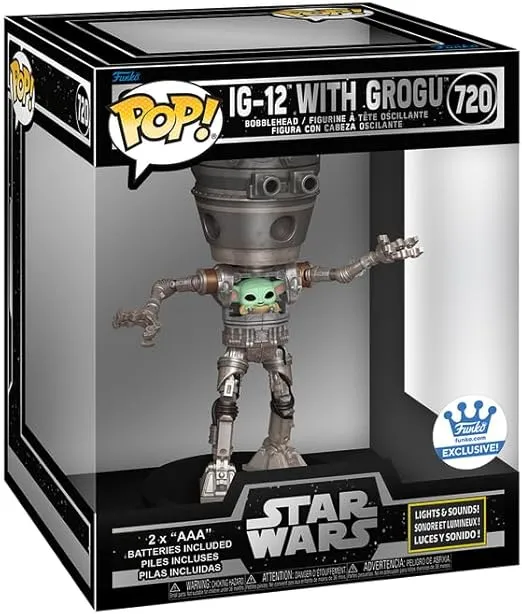 Funko Pop! Star Wars: The Mandalorian Lights and Sounds Deluxe IG-12 with Grogu, 6.75 inches