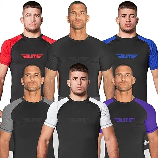Elite Sports Jiu Jitsu BJJ Rash Guards, Men’s BJJ, No GI, MMA Ranked Short Sleeve Compression Base Layer Rash Guard