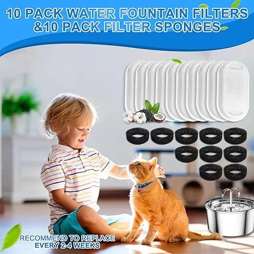 Cat Water Fountain Filters, 20Pack Cat Fountain Replacement Filters for Stainless Steel 108oz/3.2L& 67oz/2L adjustable Water Flow Pet Water Fountain,Dog Water Fountain Filters（10 Filters& 10 Sponges)
