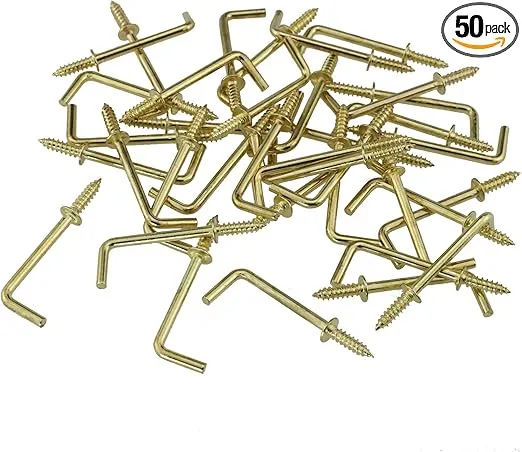 50PCS 1-1/4 Inch L Shape Hooks Self-Tapping Screws L Shape Hooks Right Angle Hook Fixed Cup Hook Metal Right Angle Hook 7 Shape Right Angle Medal Hooks for Home Workplace Office, Brass