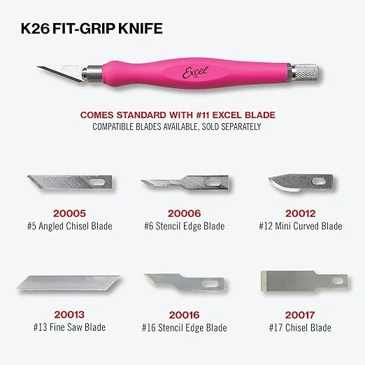 Excel Blades Fit Grip Knife - Ultra Sharp Knife with Carbon Steel Angled Edge Blade & Contoured Rubberized Grip - Light Duty Cutting Tool for Precision Cutting and Trimming - Pink, Made in the USA