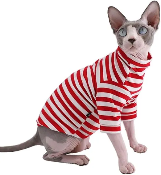 Sphynx Hairless Cat Red Stripe Summer Cotton T-Shirts Pet Clothes Vest Kitten Shirts Sleeveless, Cats & Small Dogs Apparel (Red Stripes, Small (Pack of 1))