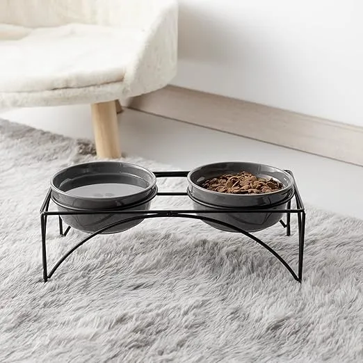 Y YHY Ceramic Raised Pet Bowls 24 oz Capacity 5.2” Height Sturdy Metal Stand, Grey