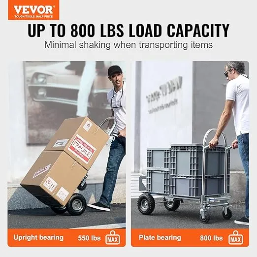 VEVOR Aluminum Hand Truck, 2 in 1, 800 lbs Load Capacity, Heavy Duty Industrial Convertible Folding Hand Truck and Dolly, Utility Cart Converts from Hand Truck to Platform Cart with Rubber Wheels