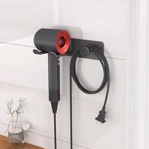 FLE Hair Dryer Holder Wall Mounted, New Upgrade Stainless Steel Self Adhesive Blow Dryer Holder Rack for Dyson Supersonic Hair Dryer,Black