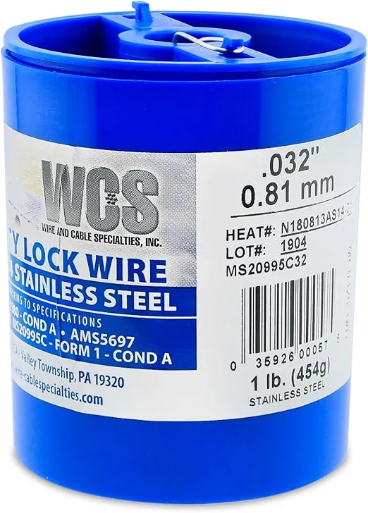 Lock Wire, T302/304 Stainless, NASM20995, MS20995C, ASTM A580 Cond A, AMS5697, .032 in (0.81 mm), 1 lb (0.45 kg) Dispenser Can, approx. 362 ft (110 m)