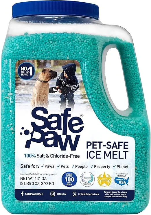 Safe Paw Pet Safe Ice Melt, 100% Salt and Chloride Free with Traction Agent, Non-Toxic, Fast Acting, Lasts 3X Longer – 8 Lbs, 2 Pack