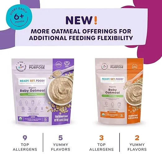 Ready Set Food Organic Baby Oatmeal Cereal – Safe & Easy Early Allergen Exposure for Babies 6+ Months, Organic Baby Food with 9 Top Allergens: Organic Peanuts, Milk, Eggs, Cashews & More (3-Pack)