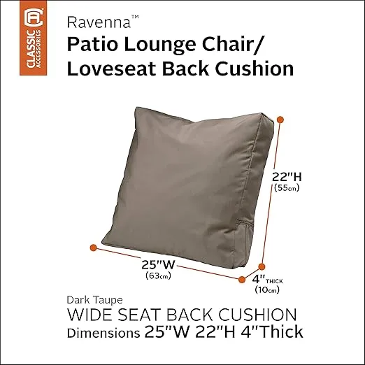 Classic Accessories Ravenna Water-Resistant Patio Lounge Chair/LoveSeat Back Cushion, 25 x 22 x 4 Inch, Dark Taupe, Patio Furniture Cushions