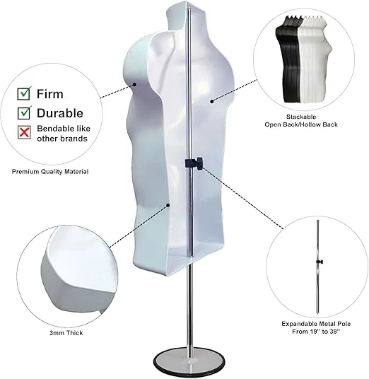 DisplayTown 2 Pack White Male Mannequin Torso with Stand Dress Form Tshirt Display Countertop Hollow Back Body with Metal Pole & Hanging Hook S-M Clothing Sizes