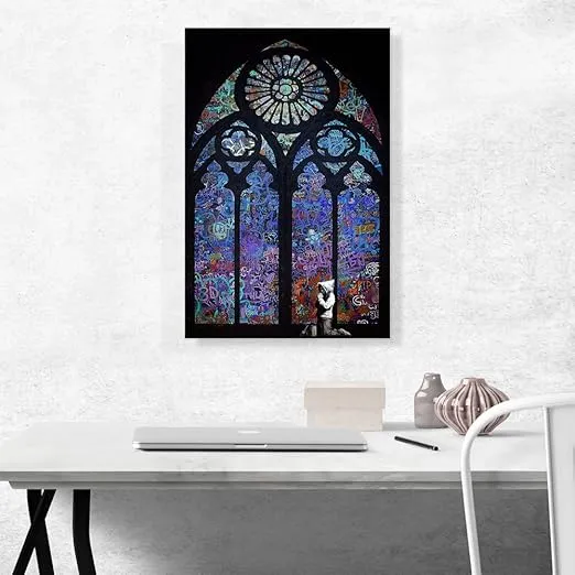 ARTCANVAS Graffiti Stained Glass - Blue Canvas Art Print Stretched Framed Painting Picture Poster Giclee Wall Decor by Banksy - 26" x 18" (0.75" Deep)