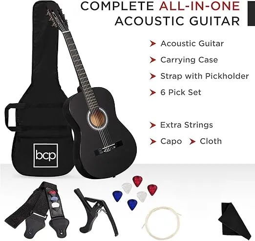 Best Choice Products 38in Beginner All Wood Acoustic Guitar Starter Kit w/Gig Bag, 6 Celluloid Picks, Nylon Strings, Capo, Cloth, Strap w/Pick Holder - Matte Black
