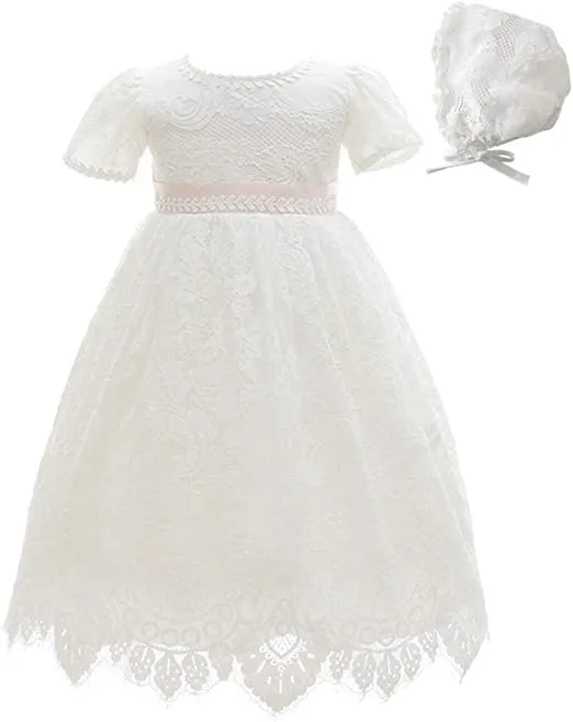 Meiqiduo Baby Girls Lace Dress Christening Baptism Gowns Outfit with Bonnet