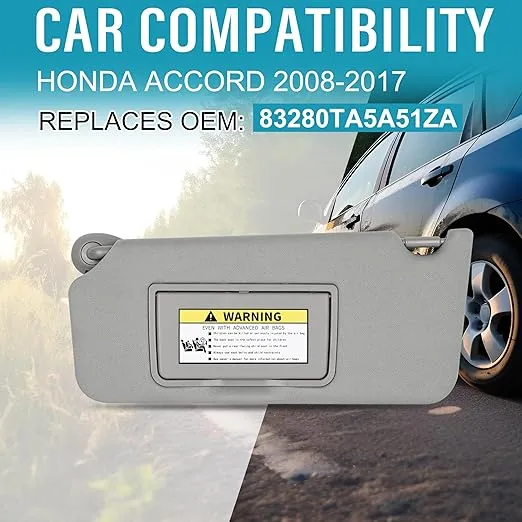 Grey Left Driver Side Sun Visor Compatible with Honda Accord 2008 2009 2010 2011 2012 2013 2014 2015 2016 2017 Replace# 83280TA5A51ZA