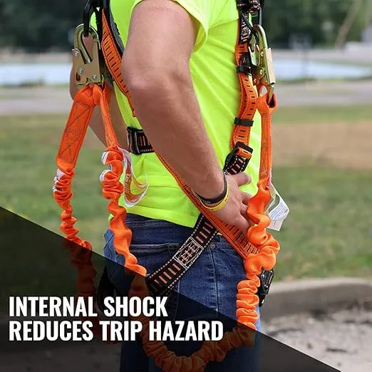 Malta Dynamics 4.5' to 6' Double Leg Stretch Internal Shock Absorbing Lanyard with 3 Steel Snap Hooks, Lightweight and Durable, OSHA and ANSI Compliant