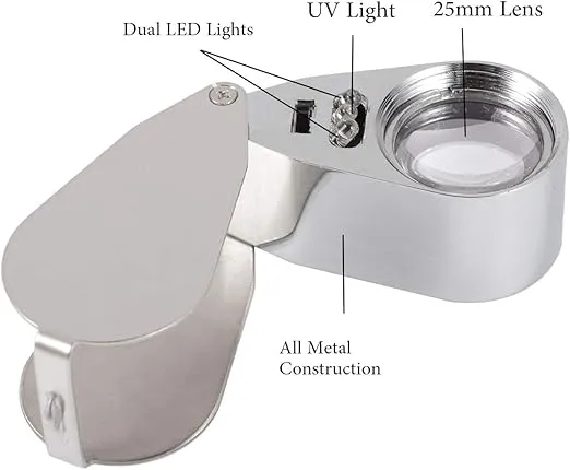 10 Pack 40X Full Metal Illuminated Jewelry Loop Magnifier, XYK Pocket Folding Magnifying Glass Jewelers Eye Loupe with LED(LED Currency Detecting/Jewelry Identifying)