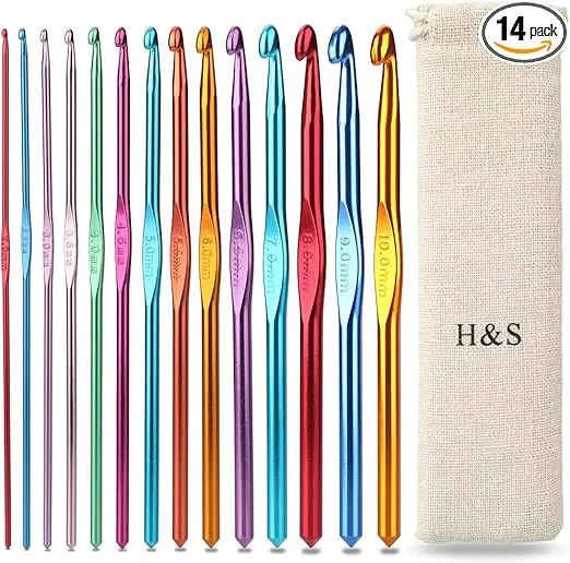 H&S Crochet Hooks Set Aluminium 14pcs Needles with Pouch Case 2mm 2.5mm 3mm 3.5mm 4mm 4.5mm 5mm 5.5mm 6mm 6.5mm 7mm 8mm 9mm 10mm