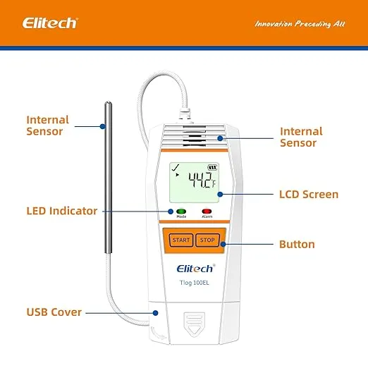 Elitech Tlog 100EL Digital Temperature Data Logger Reusable Temperature Recorder PDF Report USB Port 32000 Points with External Temperature Probe(-196~150℃)