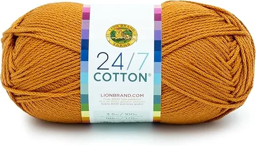 Lion Brand 24/7 Cotton Yarn, Lightweight Yarn for Knitting, Crocheting, and Crafts, Amber, 1 Pack