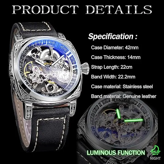 FORSINING Square Luxury Retro Mechanical Watch for Men, Gorgeous Hollow Skeleton Self-Wind Carved Automatic Watches Vintage Leather Strap Wristwatch Silver Dail Black Strap