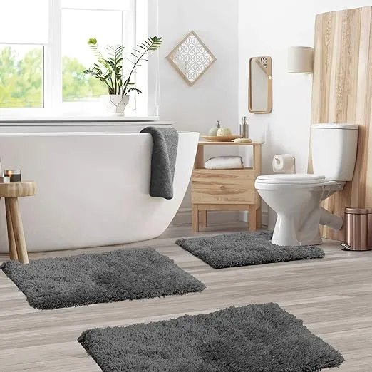 Clara Clark Bathroom Rugs, Ultra Soft Shaggy Bath Rugs - Bath Mats for Bathroom, Machine Wash, Non Slip Backing Rubber, 3 Piece Bathroom Rug Set, Gray