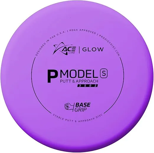 Prodigy Disc Ace Line Basegrip Glow P Model S | Stable Disc Golf Putter | Glow in The Dark | Straight Flight and Subtle Fade | Colors May Vary