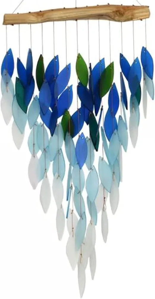 Blue Handworks Deluxe Ocean Ombre Waterfall & Driftwood Chime, Sandblasted Glass and Found Wood Handcrafted Wind Chime