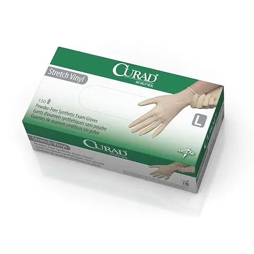 Curad Stretch Vinyl Exam Gloves, Latex Free, Large, 150 Count
