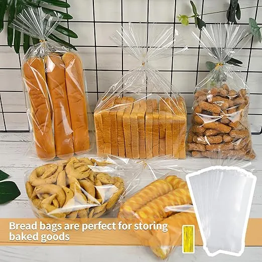 Bread Bags with Ties, 100 Clear Bread Bags for Homemade Bread and 100 Ties, Adjustable Reusable Plastic Bread Bags, Bread Loaf Bags for Home Bakers and Bakery Owners