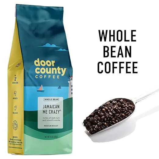 Door County Coffee Jamaican Me Crazy® Flavored Coffee Whole Bean | 10 oz Bag | Medium Roast | 100% Specialty Arabica Coffee | Flavored Gourmet Coffee | Jamaican Me Crazy