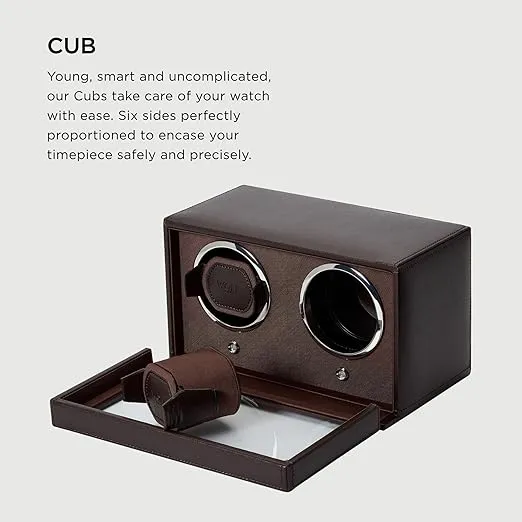 Wolf Cub Double Watch Winder with Glass Cover, Brown - Secure Fit with Patented Lock-in Dynamic Cuff - Accommodates All Wrist Sizes - Vegan Leather - Includes Universal Adapter