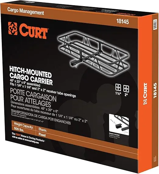 CURT 18145 48 x 20-Inch Basket Hitch Cargo Carrier, 500 lbs Capacity, Black Steel, 1-1/4, 2-In Adapter Shank