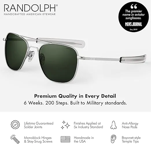 Mens or Womens Aviator Sunglasses, Matte Chrome, Classic, Polarized and Non-Polarized with UV Protection by Randolph USA