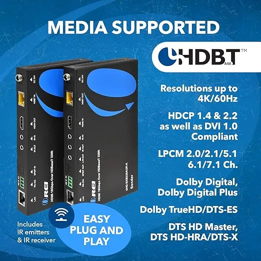 OREI 4K HDMI Extender Balun- HDBaseT UltraHD 4K 60Hz 4:4:4 over Single CAT5e/6/7 Cable with HDR, KVM, CEC, ARC , IR Support, RS-232 - upto 330 Ft