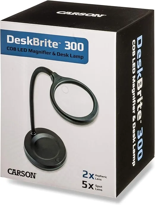 Carson DeskBrite300 COB LED Lighted 2x Aspheric Magnifier & Desk Lamp with 5x Spot Lens with Included USB-C Power Adapter, Black (LM-30)