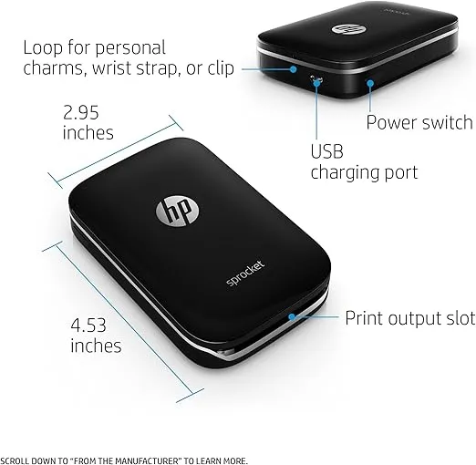 HP Sprocket Portable Color Photo Printer, Print Social Media Photos on 2x3" Sticky-Backed Paper - Black (X7N08A)