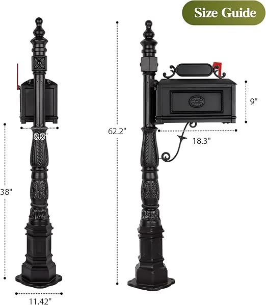 Polar Aurora Barcelona Decorative Post Mailbox Combination Stratford Heavy Duty Postal Mail Box Cast Aluminum(Black)