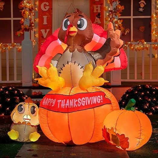 Joiedomi 6 ft Thanksgiving Inflatable Turkey on Pumpkin & Little Turkey, LED Light Up Blow Up Turkey for Autumn Thanksgiving Family Party Décor, Halloween Inflatable Turkey for Yard Garden Decoration