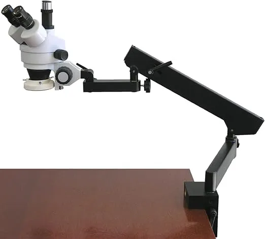 AmScope SM-6T-FRL Professional Trinocular Stereo Zoom Microscope, WH10x Eyepieces, 7X-45X Magnification, 0.7X-4.5X Zoom Objective, 8W Fluorescent Ring Light, Clamping Articulating Arm Stand, 110V-120V