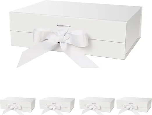 Gift Box with Lid for Presents 10.5x7.5x3.1 Inches with Ribbon and Magnetic Closure(5-Pack) (White)