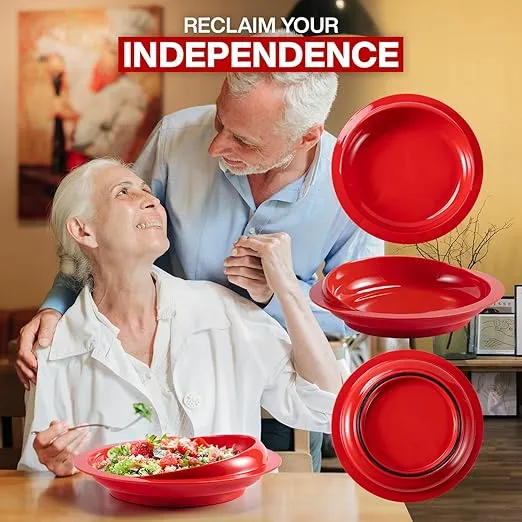 Jayour 4 Pack - Anti-Spill Scoop Plate with Lip Edge | Eating Utensils for Elderly Patients | Scoop Plates for Disabled Adults from Parkinsons, Stroke, Tremor | Non Skid Padded Bottom (Red)