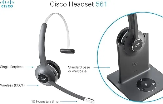 CISCO Headset 561, Wireless Single On-Ear Digital Enhanced Cordless Telecommunications Headset with Standard Base for US & Canada, Charcoal, 1-Year Limited Liability Warranty (CP-HS-WL-561-S-US=)
