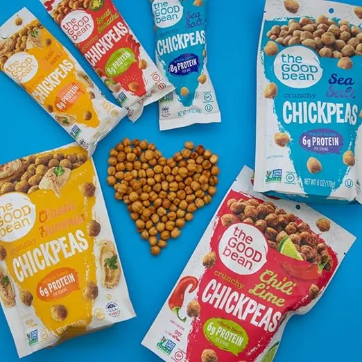 The Good Bean Crunchy Chickpeas - Classic Hummus - (10 Pack) 1.4 oz Packet - Roasted Chickpea Beans - Vegan Snack with Good Source of Plant Protein and Fiber