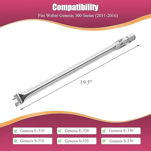 62752 Grill Burner 19.5" for Weber Genesis 300 Series, Genesis E330 E320 E310 S310 S320 S330 EP330 EP320 EP310 with Front Control Knobs, 304 Stainless Steel Genesis e330 Burner Tube, 4 Pack