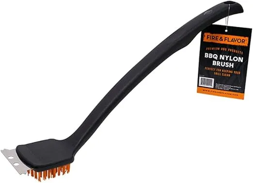 Fire & Flavor Nylon Grill Brush for Outdoor Grill Cleaning – Grill Grate Cleaner with a Stainless Steel Scraper Edge and Easy Grip Handle – Durable Grill Cleaner Brush