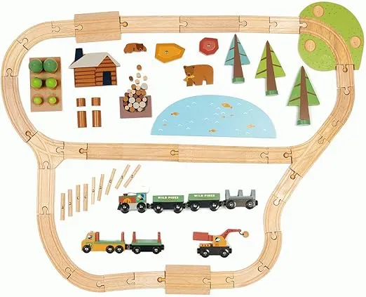 Tender Leaf Toys - Wild Pines Train Set - 95 Pieces Wooden Train & Bridge Set for Kids, Toddler Boys & Girls - Compatible with Most Toy Trains - Age 3+
