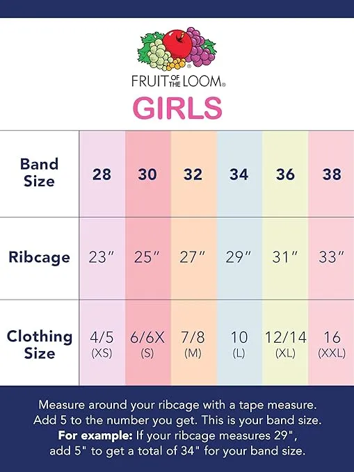Fruit of the Loom Girls' Multi Pack Cotton Built -Up Stretch Sports Bra Available in 6 Packs!
