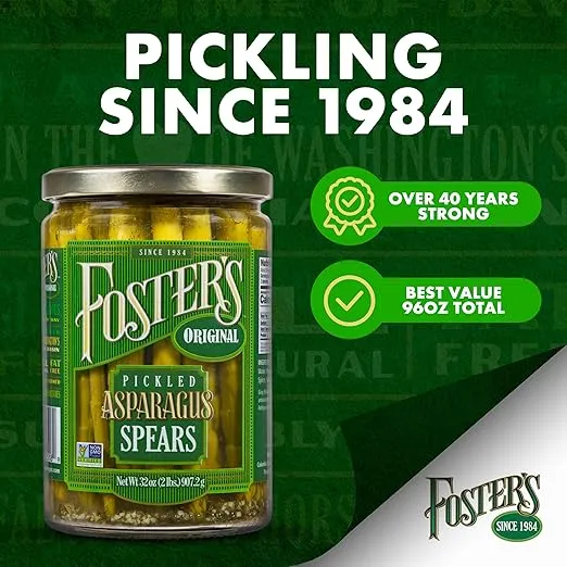 Foster's Pickled Asparagus- Original- 32oz (3 Pack) - Pickled Asparagus Spears in a Jar - Traditional Pickled Vegetables Recipe for 30 years - Fat Free Pickled Asparagus- Preservative Free and Fresh