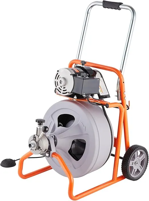 VEVOR Drain Cleaner Machine 100FT x 1/2 Inch, Auto Feed Sewer Snake Drain Auger on Wheels, Portable Drain Cleaning Machine with 8 Cutters & Air-activated Foot Switch for 2" to 4" Pipes